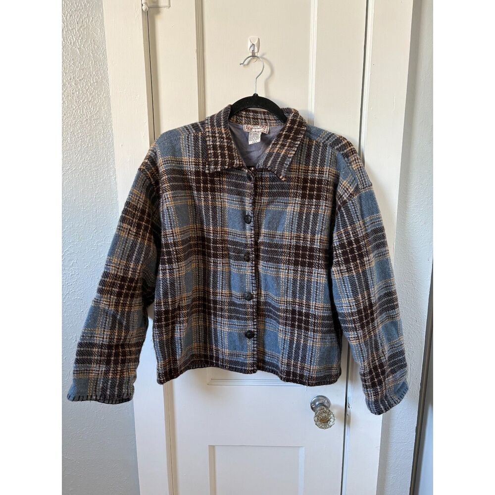 Y2K New Directions Women's L Blue Brown Plaid Wool Blend Jacket Shacket Vintage